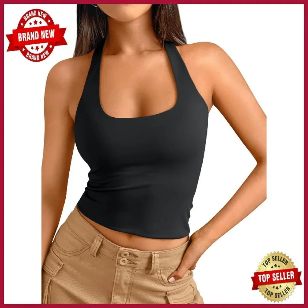 Backless Halter Crop Top - Polyester Spandex - Y2K Workout Going Out